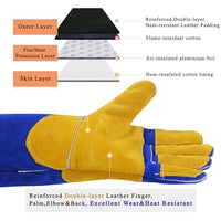 Thumbnail for RAPICCA Welding Gloves Fire Heat Resistant: Blue 16IN 932℉ - Fireproof Leather For Stick Mig Flux-Core Welder Forge Blacksmith Fireplace Wood Stove Fire Pit Furnace Handling Dry ice - One Size