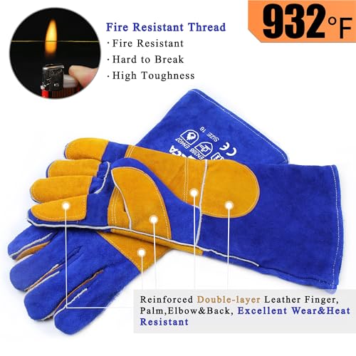 RAPICCA Welding Gloves Fire Heat Resistant: Blue 16IN 932℉ - Fireproof Leather For Stick Mig Flux-Core Welder Forge Blacksmith Fireplace Wood Stove Fire Pit Furnace Handling Dry ice - One Size