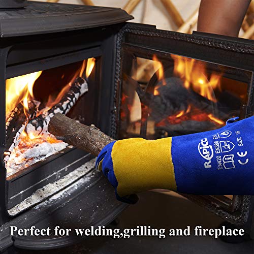 RAPICCA Welding Gloves Fire Heat Resistant: Blue 16IN 932℉ - Fireproof Leather For Stick Mig Flux-Core Welder Forge Blacksmith Fireplace Wood Stove Fire Pit Furnace Handling Dry ice - One Size