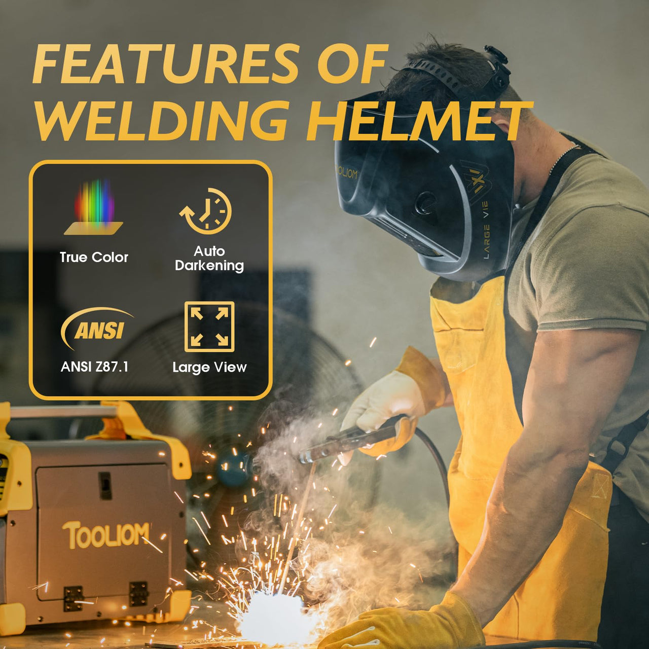 TOOLIOM Welding Helmet, True Color Auto Darkening 1/1/1/1 Large Viewing 3.94"x 3.27" Welder Mask Hood with Weld/Grind/Cut Mode for TIG MIG/MAG MMA