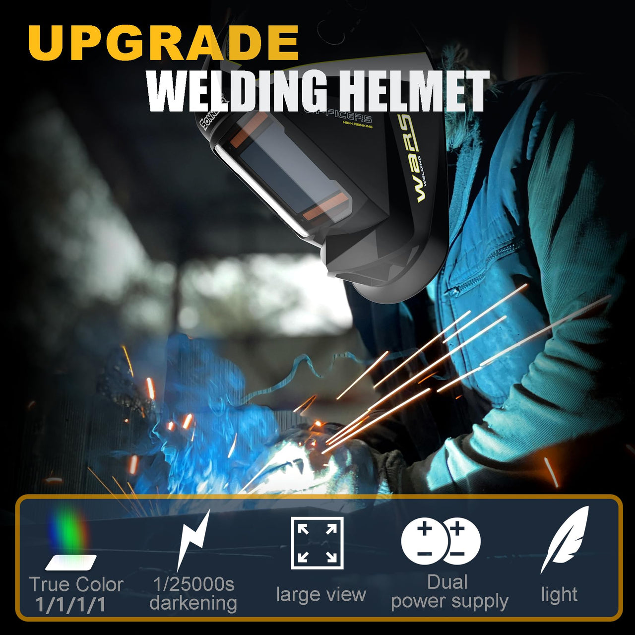 Welding Helmet Auto Darkening,SONNLER Large Viewing 3.94" *3.66"1/1/1/1 True Color Welding Helmet, Solar/Battery Power Welding Hood With 4 Arc Sensor,Wide Shade 4~5/9-9/13 Welding Mask For TIG MIG ARC